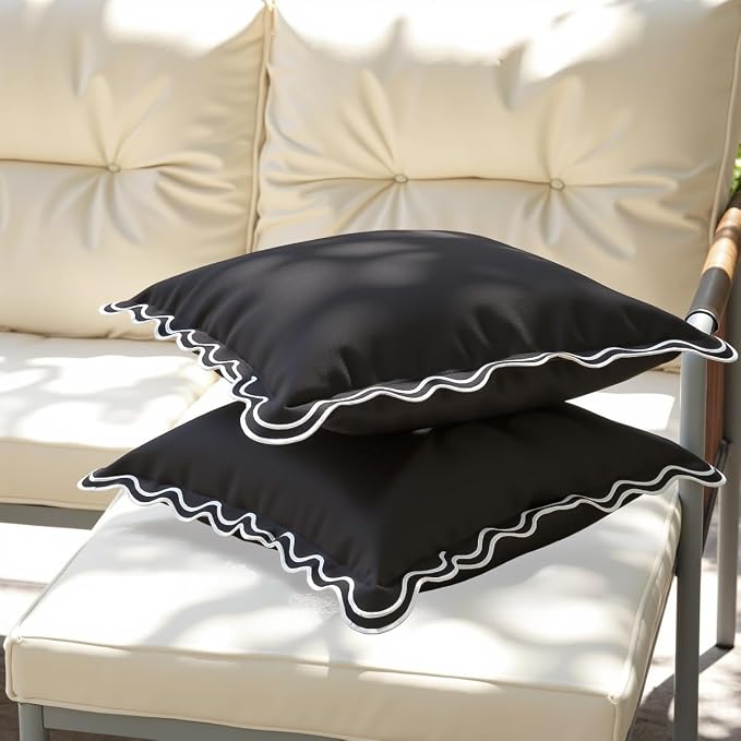 Black and White Scalloped Outdoor Throw Pillow Covers 18x18 Set of 2