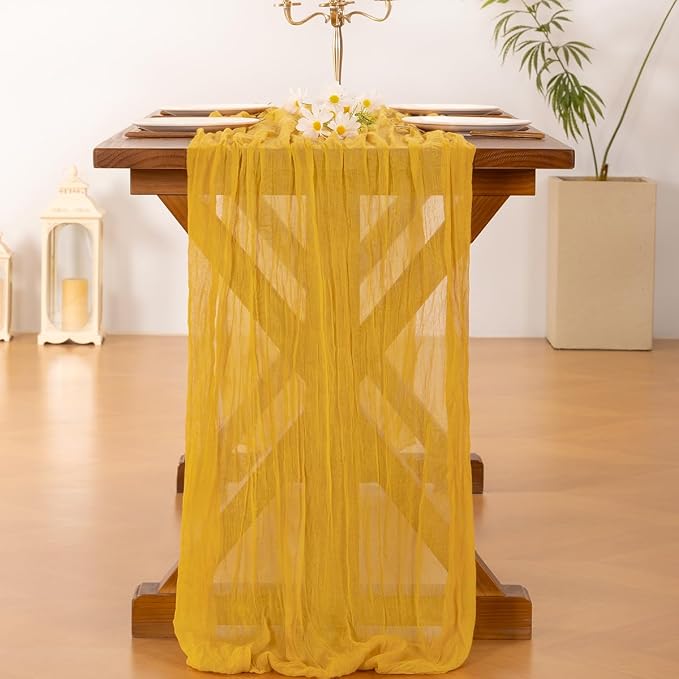 Cheesecloth Table Runner Fall Boho Wedding Birthday Party Home Decor | Gold Yellow 3pcs Rustic Gauze 10FT Cheese Cloth Sheer Farmhouse Dining Runner for Baby Shower Bridal Holiday Decorations