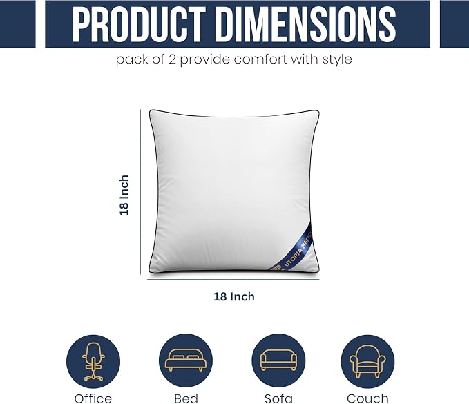 Utopia Bedding 18x18 Throw Pillow Inserts, Decorative Pillows, Pack of 2 | Piping Throw Pillows, Plush & Supportive, Aesthetic Cushion Sham Stuffer for Sofa, Office, Couch & Bed, Set of 2, White