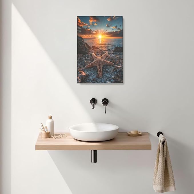 Beach Starfish Wall Decor Ocean Starfish Wall Art Sunset Scenery Coastal Theme Pictures Canvas Nature Seascape Painting Print Framed Artwork Decorations for Home Bathroom Living Room Bedroom Office 16"x24"