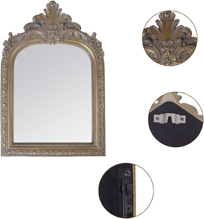 Bronze Vintage Vanity Desk Makeup Mirror Antique Decorative Wall Mirror,Resin Carved Arched Mirror for Living Room,Bedroom Dresser,Home Decor ﻿ (Large)