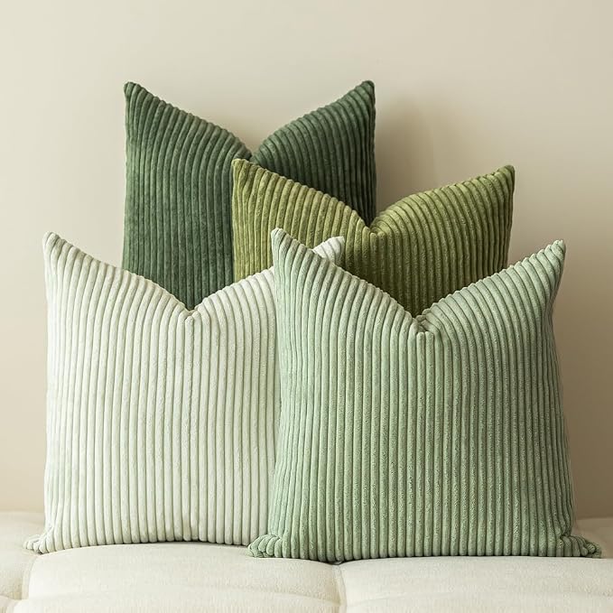 LANANAS Decorative Corduroy Throw Pillow Covers 18x18 Inch Green Bloom | Set of 4 Neutral Couch Farmhouse Boho Throw Pillows for Living Room, Couch, Bed, Sofa Soft Accent Home Decor