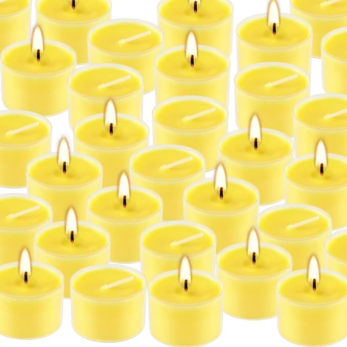 100 Pack Clear Tea Lights Candles Bulk, Summer Citronella Candle Outdoor and Indoor, for Birthday Emergency Home Garden(8 Hour, Yellow)