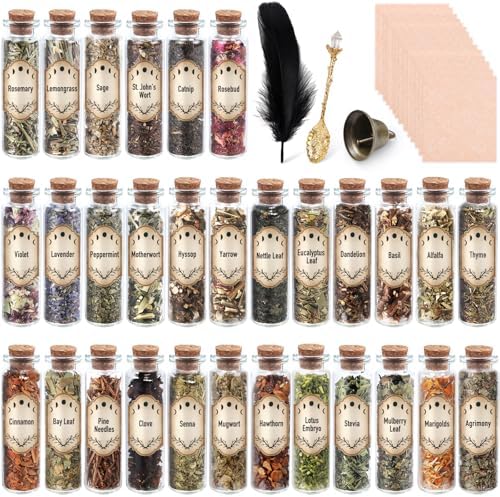 Witchcraft Supplies Herbs, Dried Flowers Bottles Kit for Beginner, 30 Pack