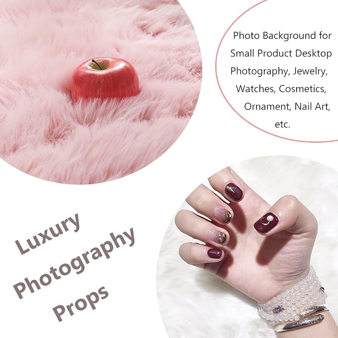 2Pack 12’’ Small Faux Fur Cushion Fluffy Plush Area Rug Photo Props | Small Product Photo Background for Tabletop Photography, Luxury Jewelry, Nail Art, Home Decor (Square, White + Pink)