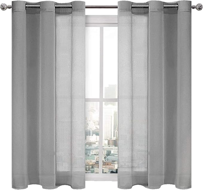 DWCN Grey Sheer Curtains for Living Room Bedroom - Faux Linen Look Voile Drapes Grommet Top Window Curtain Panel 46 x 54 Inch Length, Set of 2 Panels
