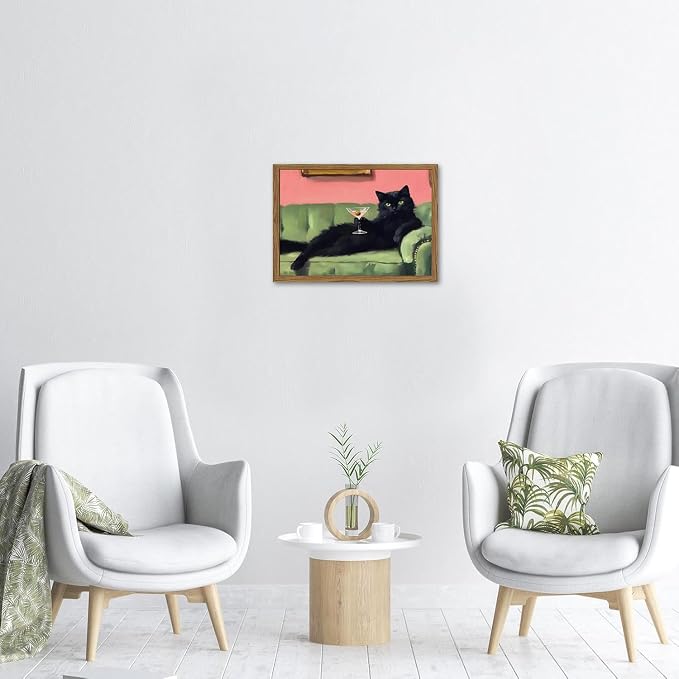 Funny Black Cat Martini Wall Art, Bar Cart Decor, Eclectic Cocktail Painting Canvas Print, Cute Animal Artwork Picture for Bedroom Living Room Kitchen 16x24 inch Wood Framed