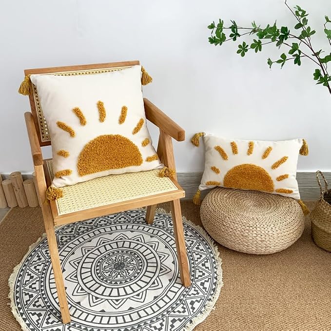 Zealax Decorative Boho Throw Pillow Cover 18x18 Inch for Couch Living Room Outdoor, Sun Tufted Pillow Covers with Tassels Cushion Case, Rustic Modern Farmhouse Home Decor (No Pillow Insert, 1Pc)
