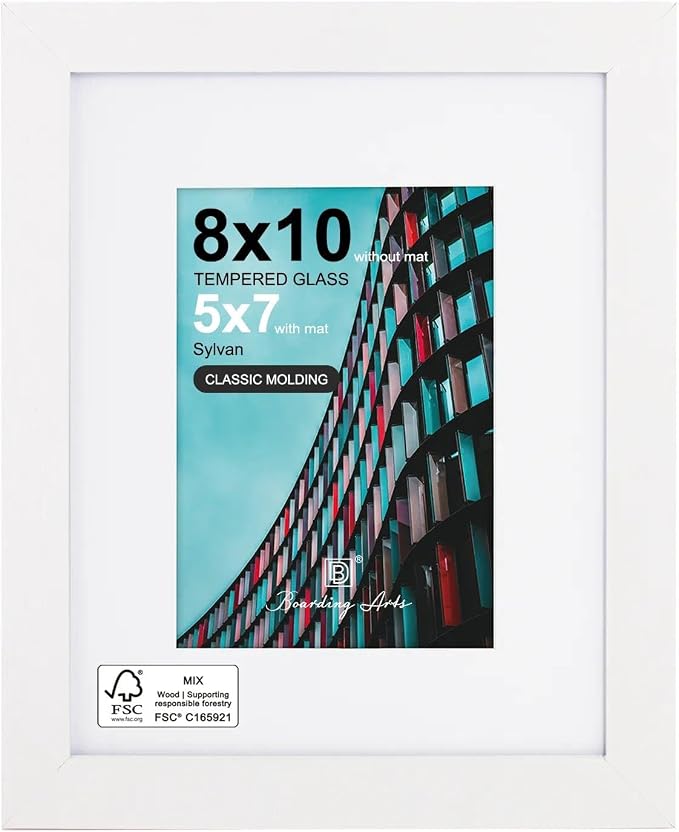 Boarding 8x10 Picture Frame-White,5x7 Mat,Tempered Glass,Engineered Wood