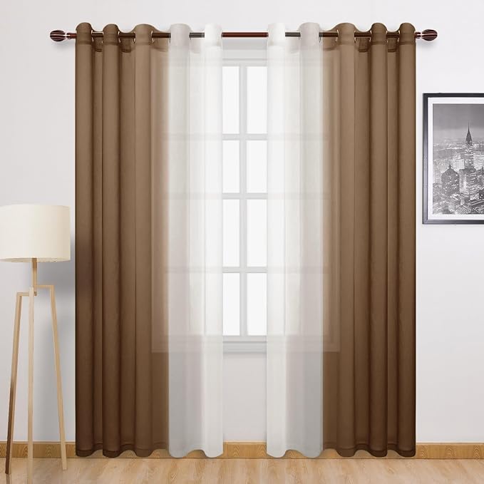 DWCN Ombre Sheer Curtains - 84 inches Faux Linen Semi Voile Gradient Light-Filtering Bedroom and Living Room Curtains, Set of 2 Grommet Top Window Drape Panels, 60 x 84 Inch Length, Warm Brown