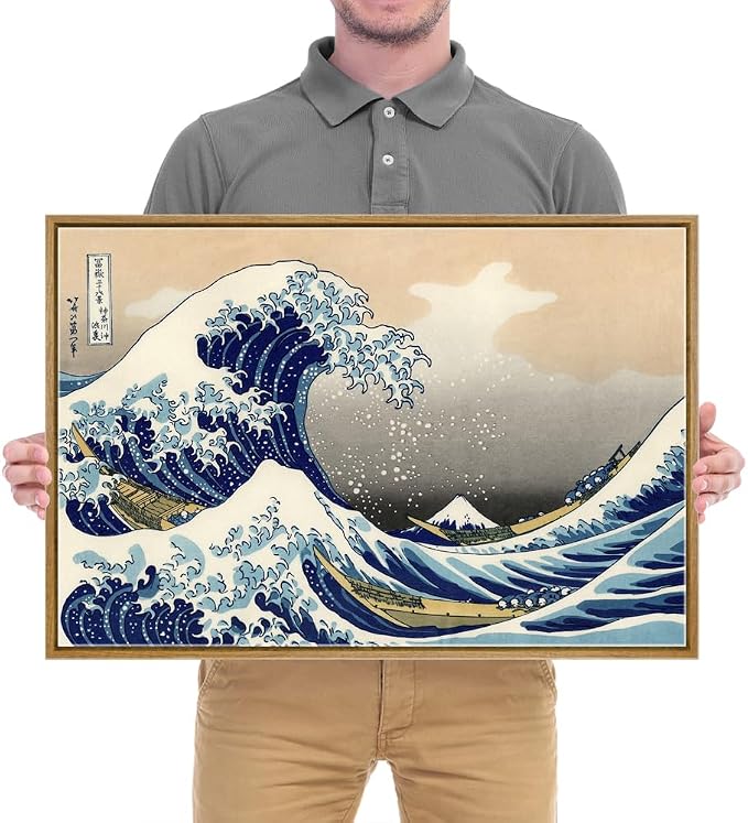Wieco Art Framed Art Great Wave of Kanagawa Katsushika Hokusai Giclee Canvas Prints Wall Art Abstract Seascape Paintings for Home Living Room Decorations