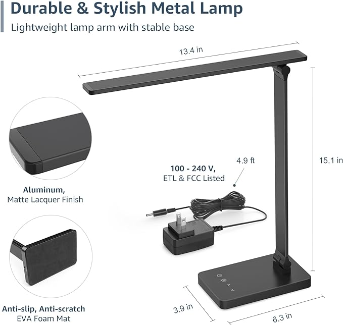 Lepro Desk Lamp with USB Charging Port for Home Office, 650LM 9.5W, Black