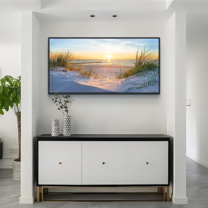 MHARTK66 Canvas Wall Art For Living Room Large Wall Decor For Office Bedroom Poster Art Prints Sun Seascape Wall Painting Blue Ocean Pictures Artwork For Walls Black Wood Framed 24" X 48"