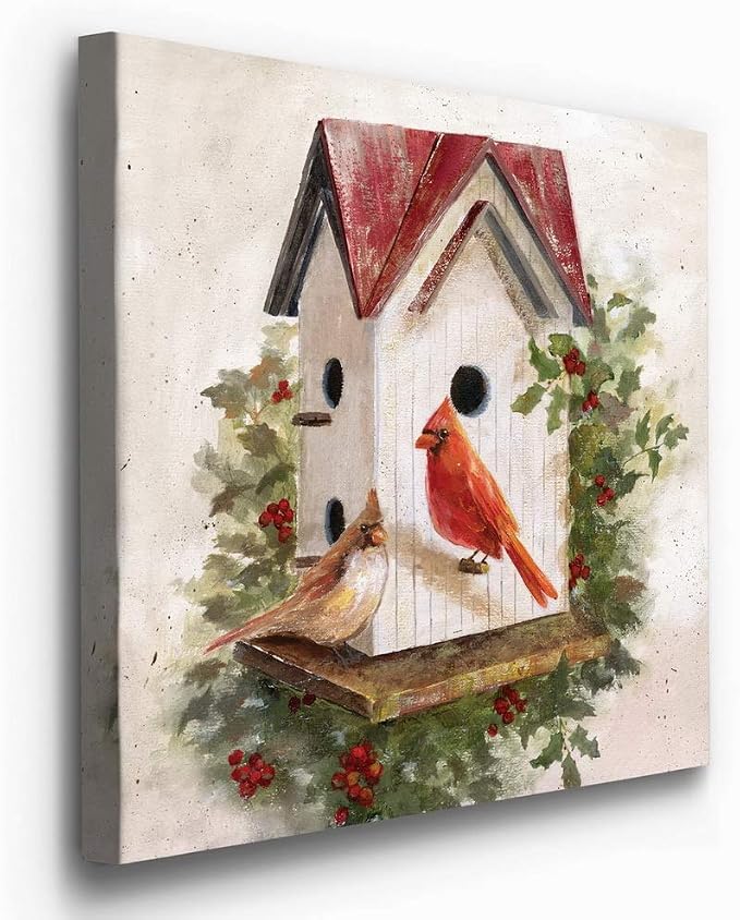 Renditions Gallery Christmas Abstract Wall Art Holly Red Cardinal Birdhouse Canvas Hanging Artwork Prints for Bedroom Living Room & Kitchen Decorations - 10"X10" LT05