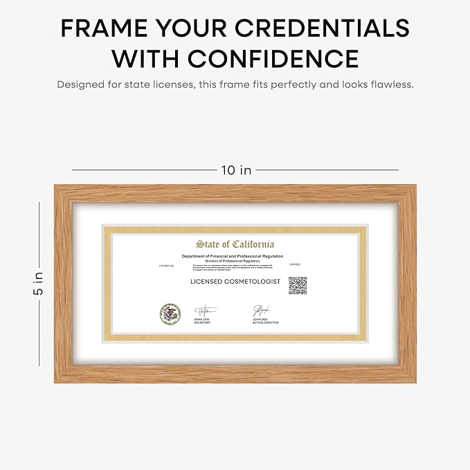 Homeforia 5x10 Natural Oak License Frame, High-End Wood, 3.5x8 Mat, Glass