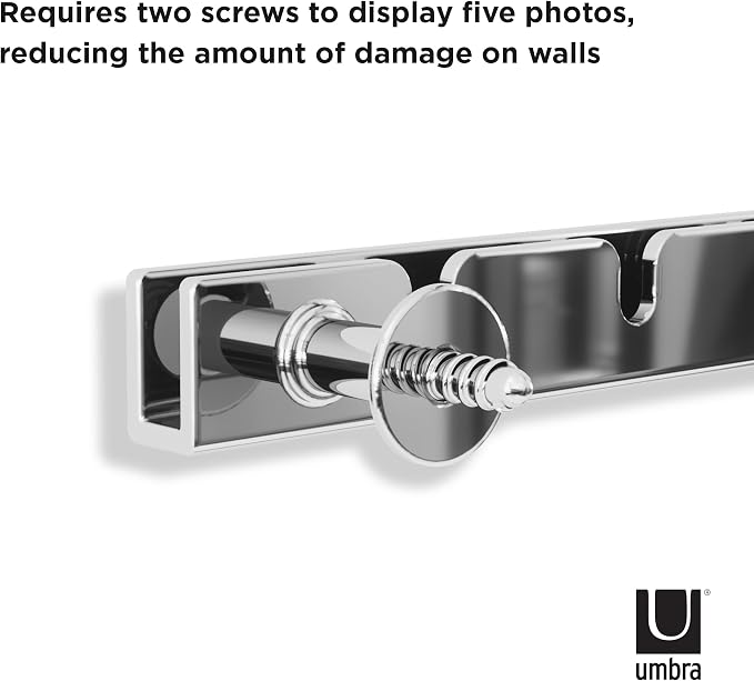 Umbra Exhibit Picture Frame Set, Adjustable Wall Mount, Set of 5, Chrome | Steel construction, customizable layout, damage-free hanging, fits 4x6 and 5x7 photos, includes mounting hardware