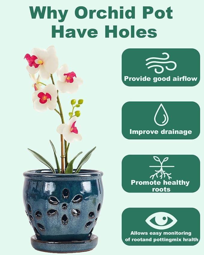 vensovo 5 Inch Ceramic Orchid Pot with Holes and Saucer, Blue