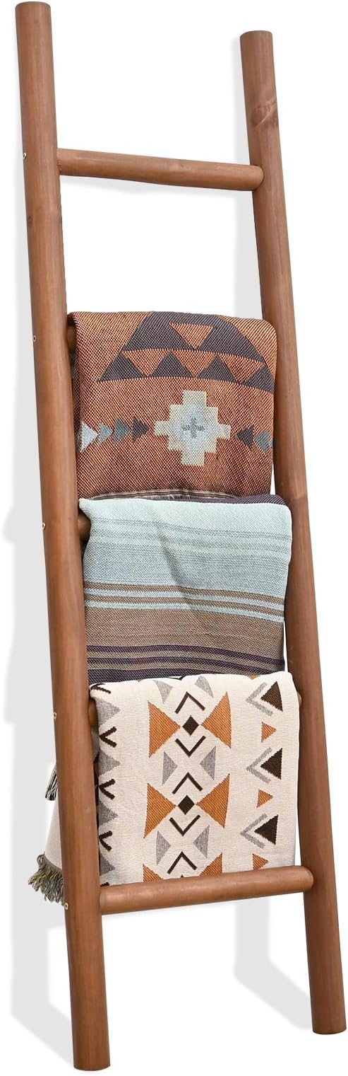 FUIN Blanket Ladder, 57in Rustic Solid Wood Decorative Ladder, Dark Brown | Farmhouse living room accent, Layered blanket towel quilt display, Visible wood grain, Bathroom and Bedroom use