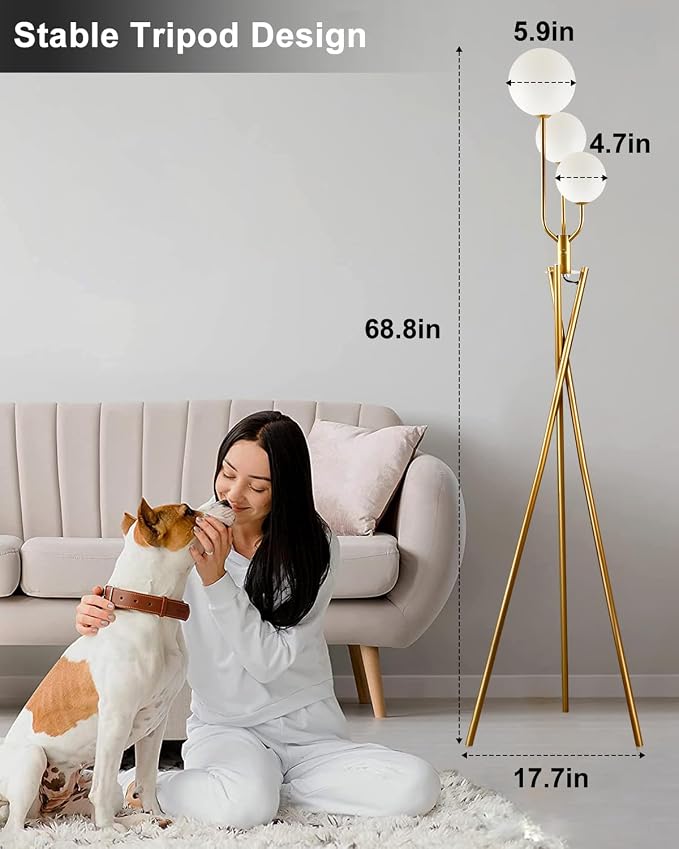 Lightdot Gold Floor Lamp Dimmable Mid Century Tripod Floor Lamp with 3 Pole Lights with 3Pcs 3000K Bulbs Included Tripod Standing Lamps with Stable Base for Living Room/Sofa Beside/Corner Decor