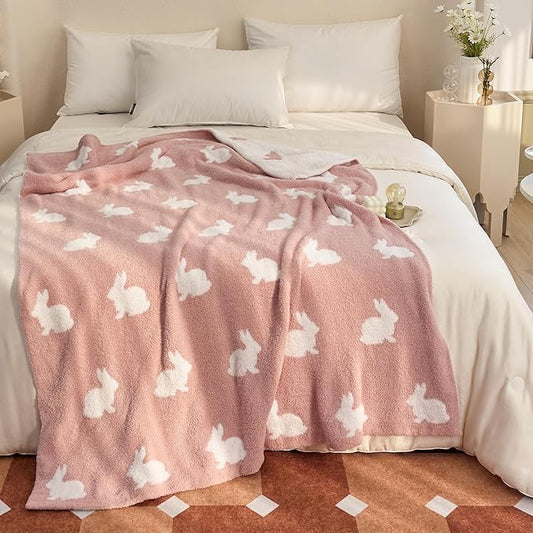 Ultra Soft Cozy Happy Easter Rabbits Knitted Throw Blanket Fluffy Microfiber Checkerboard Bed Blanket Lightweight Both Sides Blanket for Couch Sofa Bed… (Rabbit Pink, Throw 50“x60”)
