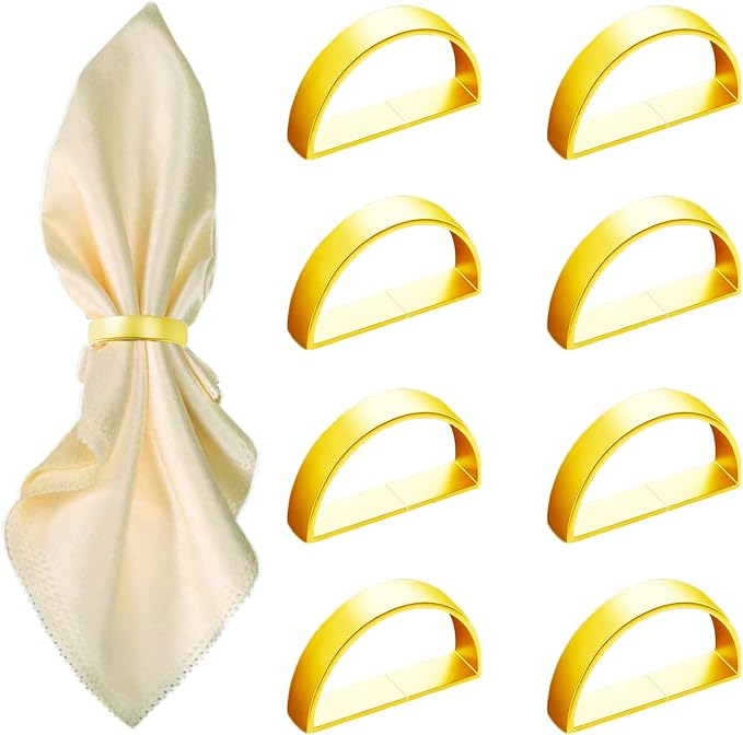 8 Pcs Gold Napkin Rings - Metal Napkin Ring(Semicircle) | Stainless Steel Napkin Rings for Table Settings Wedding Christmas Party Dinner Table