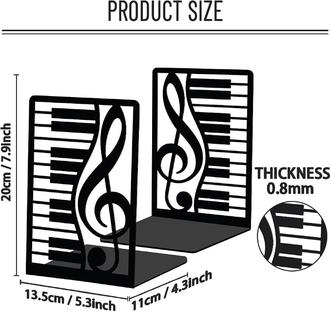WADORN 1 Pair Piano Musical Notes Metal Decorative Bookend for Shelves, Heavy Duty Book Ends Non-Skid Books Holder Stand Black Book Support Stoppers for Music Books Desk Office Home, 5.3x4.3x7.9 Inch