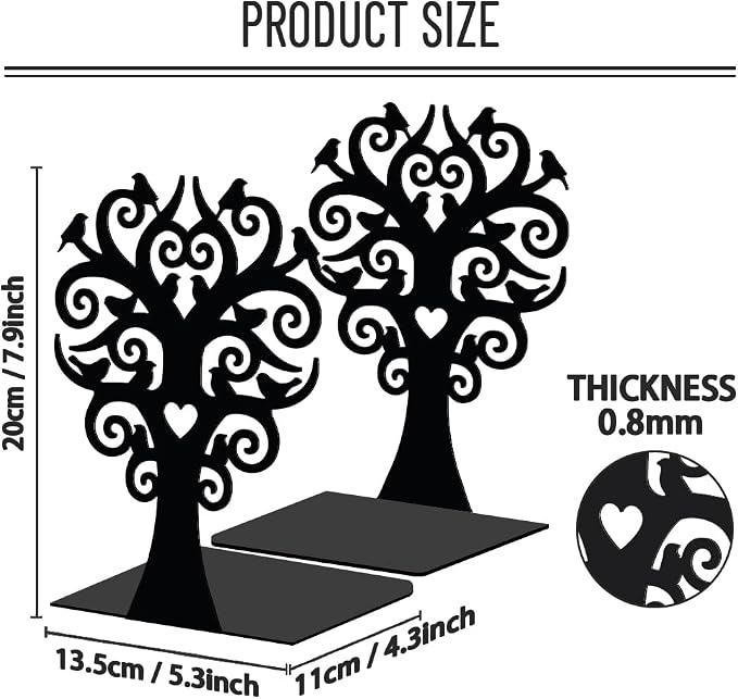 WADORN 1 Pair Branches Bird Metal Decorative Bookend for Shelves, Heavy Duty Book Ends Modern Non-Skid Books Holder Stand Black Book Support Stoppers for Desk Bookshelf Office Home, 5.3x4.3x7.9 Inch