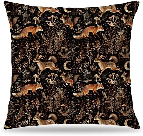 Mystical Enchanted Forest Pillow Covers 18x18 Double-Sided, Cottagecore Room Home Decor, Whimsical Moon Fox and Bunny Rustic Mushroom Botanical Decorative Throw Pillow Covers