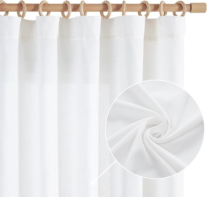 jinchan Linen Curtains Light Filtering Back Tab 50x120 Inch 2 Panels White | Semi Sheer Curtains 120 inch length for Bedroom Living Room, Modern Farmhouse Drapes with Rod Pocket, Natural Boho Curtains