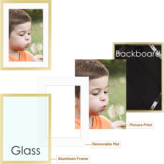 Frametory 2 Pack 5x7 Aluminum Frame with Mat for 4x6 Photo, Gold