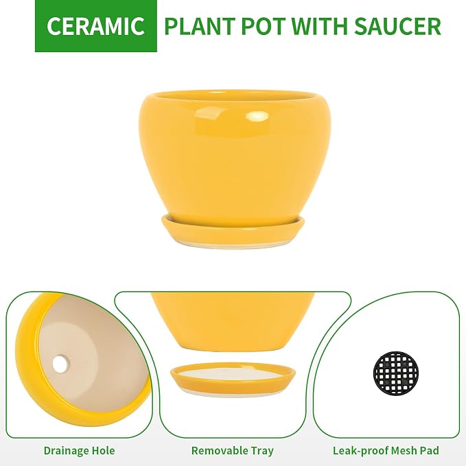 Deep Dream 10 Inch Plant Pot- Ceramic Planter Pot Round Plant Pots for Indoor Plants Outdoor Large Flower Pot with Drainage Holes & Trays, Yellow