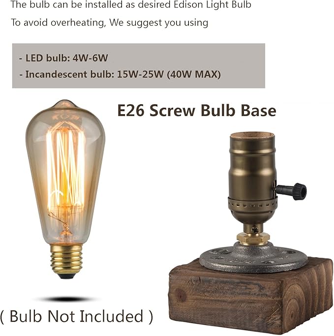 Vintage Table Lamp, Industrial Nightlight Steampunk Desk Lamp with E26 Antique Lamp Holder for Bedroom Living Room Home Art Display Cafe Bar Studio Antique Decor, Push Button(Without Bulb)
