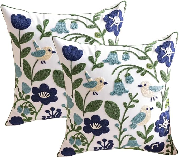 YIcabinet Pack of 2 Throw Pillow Covers, Embroidered Bird Flowers Pattern Throw Pillow Cover,Square Cotton Cushion,Pillow Case for Sofa Bedroom Couch,18"x18"