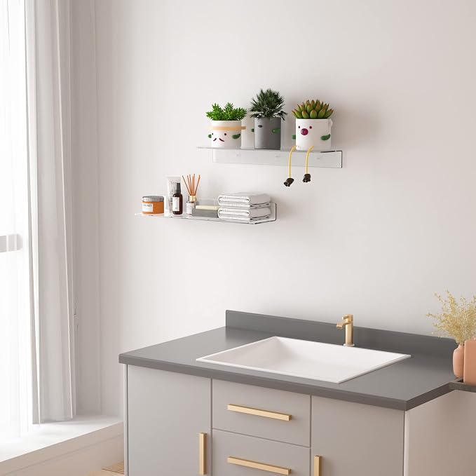 Sezanrpt 24 Inches Clear Floating Shelves for Wall, Acrylic Long Wall Shelf, Wall Mounted Shelves for Plants, Speaker, Radio, Funko Pop, Stuffed Animal, Books, Cosmetics, Toiletries, 2 Pack (24 Inch)