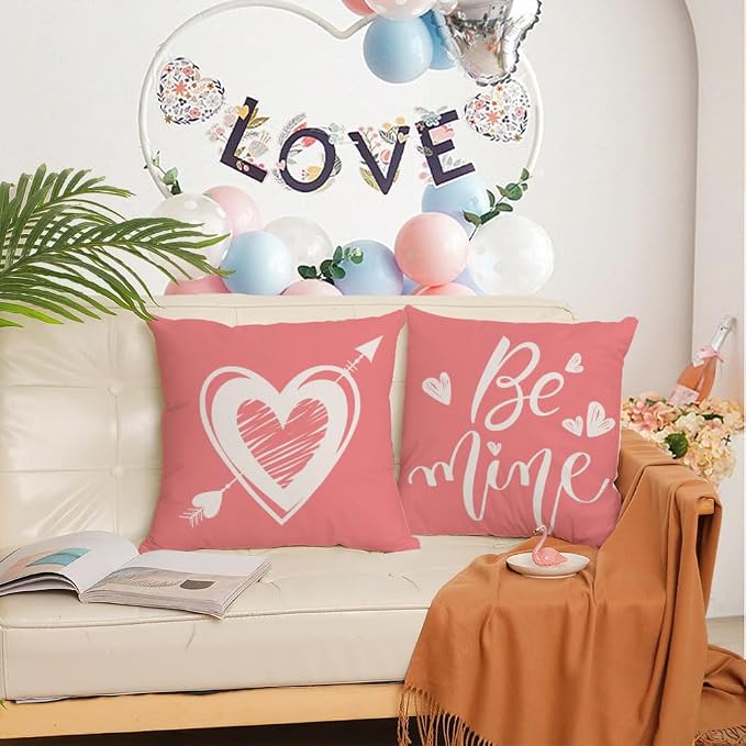 YeeJu Happy Valentines Day Pillow Covers 18x18 Set of 4 Pink Love Heart Kisses Hugs Throw Pillow Cases Velvet Wedding Anniversary Cushion Covers for Outdoor Couch Sofa Decoration(18 Inch)
