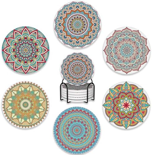 Drink Coasters Set of 6 with Holder,Mandala Boho Flower Absorbent Ceramic Coasters with Cork Base,Fit All Cups,Tabletop Protection Mat for Mugs and Cups,Office,Kitchen