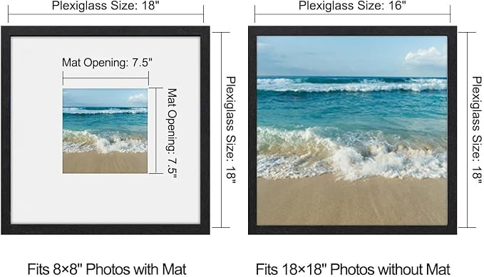 18x18 Poster Frame-Black,8x8 Mat,Engineered Wood,Polished Plexiglass