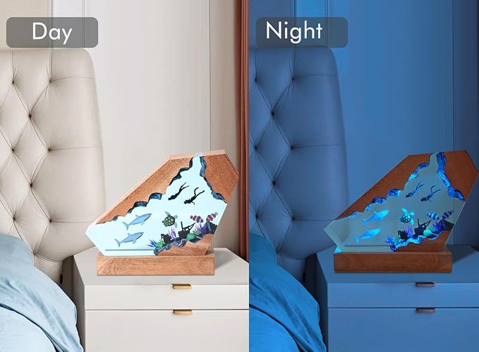 Handcrafted Shark Resin Ocean Lamp with Wooden Base