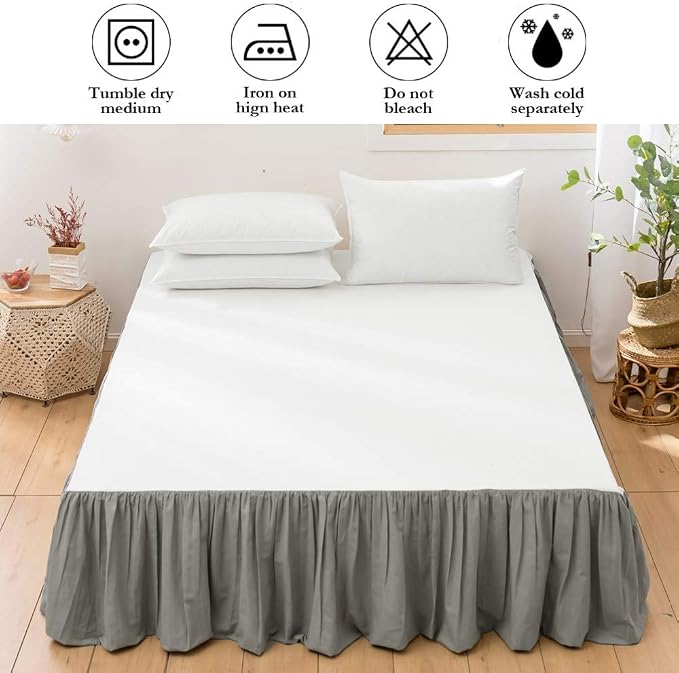 BISELINA French Linen Bed Skirt with Pleated Frills 14-Inch Tailored Drop Natural Flax Cotton Blend Dust Ruffle Soft Cozy Farmhouse Bedding (14" Twin, Grey)