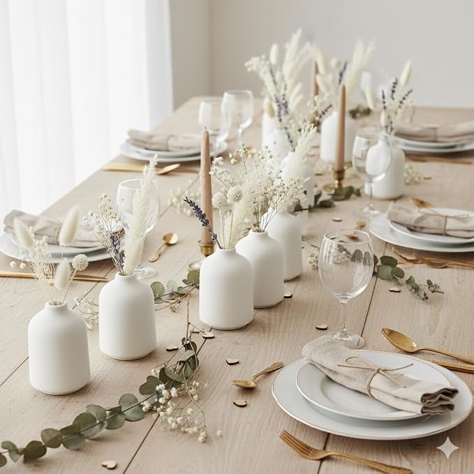 Carrot's Den Small White Ceramic Bud Vase Set of 6, Flower Centerpieces | Mini stoneware profile, sealed to hold water. Six matching pieces line up along a dining table, mantel, or open shelves.