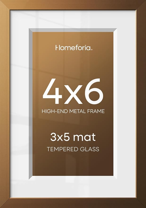 Homeforia 4x6 Bronze Picture Frame, High-End Metal, 3x5 Mat, Glass