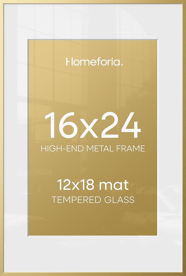 Homeforia 16x24 Gold Picture Frame, High-End Metal, 12x18 Mat, Glass