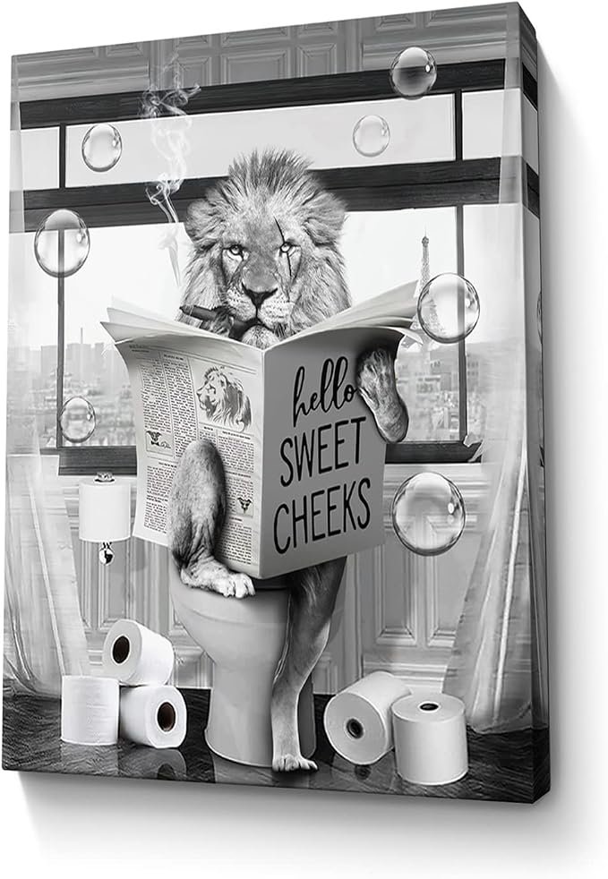 Parylore Funny Lion Wall Art Black and White Lion Bathroom Print Farmhouse Bathroom Animals Wall Decor Lion Sitting in Toilet Reading Newspaper Painting Framed Artwork for Toilet Bathroom 16x24 inch