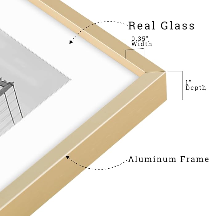 Frametory 16x20 Gold Aluminum Metal Picture Frame Mat for 11x14 Glass