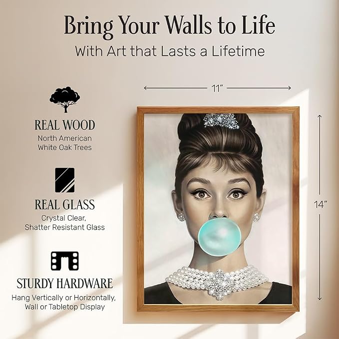Vintage Pop art Wall Decor 11x14 FRAMED - Audrey Hepburn Art for Women - Wall Art Gifts for Women - Pop art Poster - Woman Wall Decor - Retro Decor- Chic Home Decor - Retro style - LARGE Print