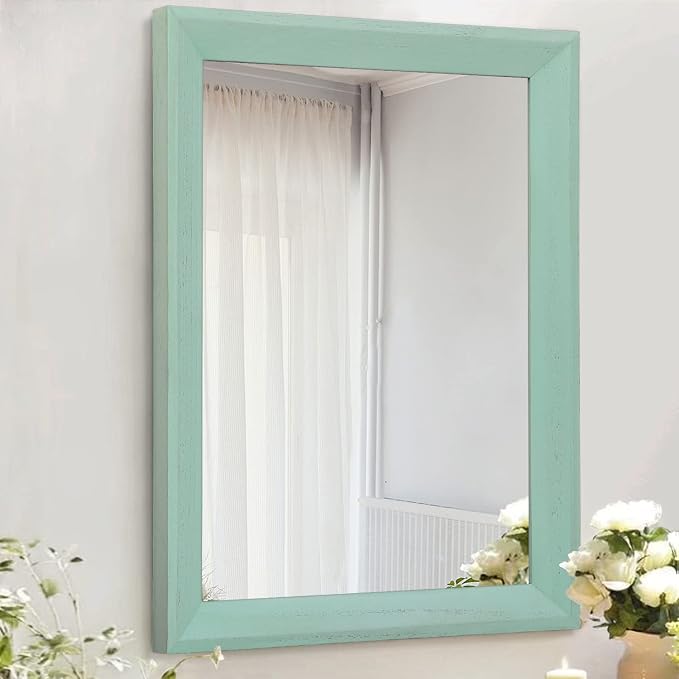 AAZZKANG Wood Framed Mirror Rectangle Modern Farmhouse Wall Mirrors Decor Large 26"x18" for Bedroom Living Room Bathroom Green