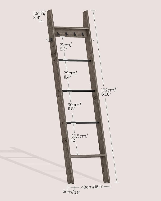 CHOEZON 5-Tier Blanket Ladder, Wooden Blanket Display Rack, Towel Ladder with Hooks, Wall Leaning Display Shelf, for Living Room, Bedroom, Balcony, Greige and Black MCJ02BG