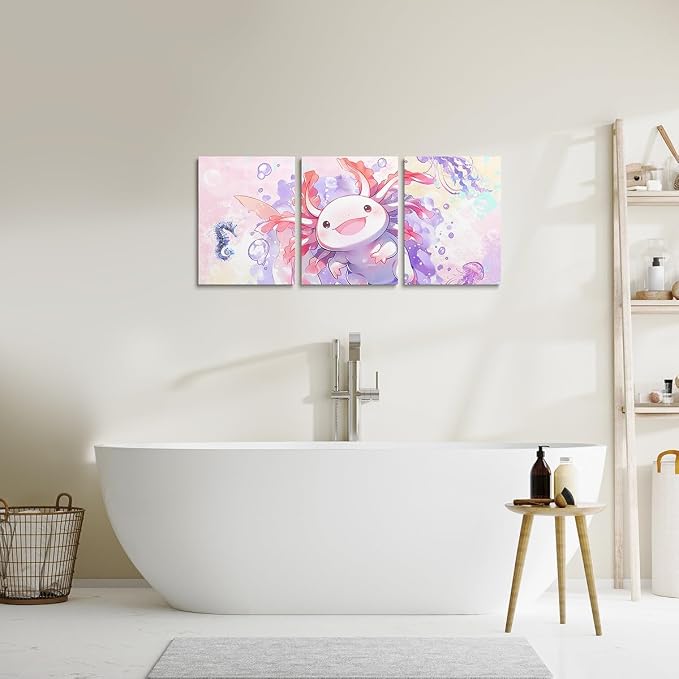 Feelyou Boys Girls Cute Axolotl Wall Painting Posters and Prints Ocean Sealife Picture Wall Decor for Cartoon Salamander Canvas Wall Art for Living Room Bedroom Kids Kawaii Wall Art 12"x16"x 3Pcs