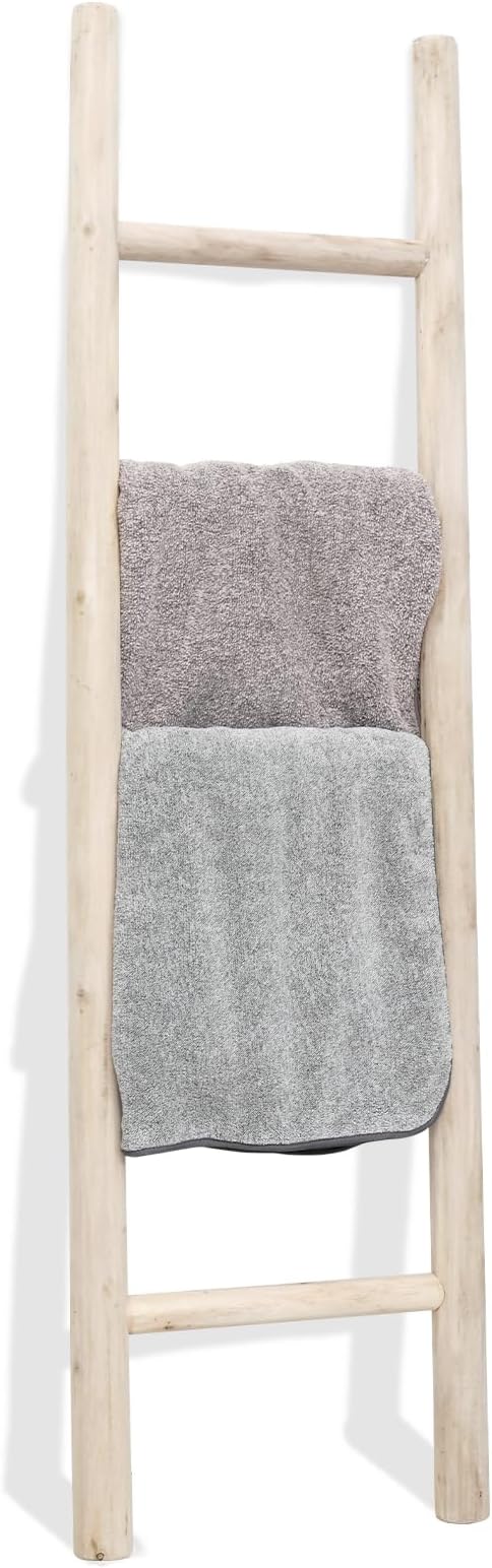 FUIN Blanket Ladder, 57in Rustic Wood Decor Rack, Fully Assembled, Natural | Farmhouse living room accent, Layered blanket towel quilt display, Visible wood grain, Bathroom and Bedroom use