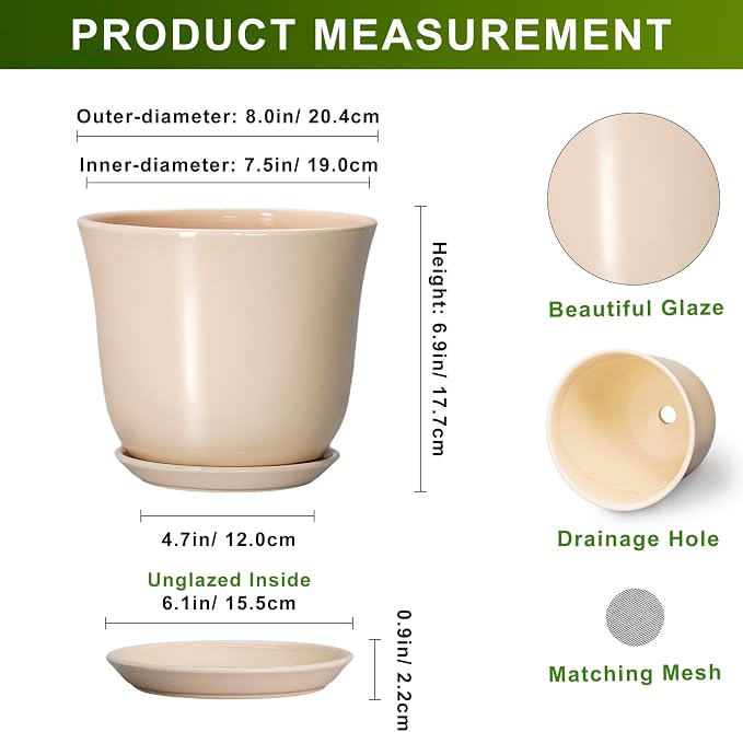 8 Inch Plant Pot, Ceramic Pots for Plants Indoor, Beige | Round Flower Pots with Drainage Hole and Saucer, Modern Decorative Planters, Home Office Desk Room Decor, Plant Lover Gifts